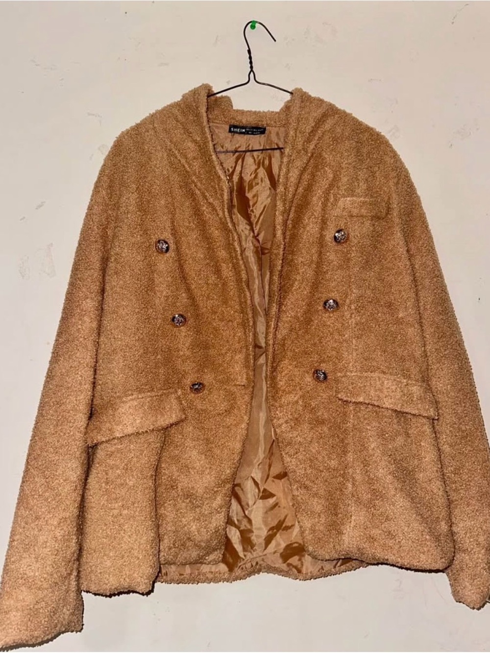 SHEIN Double-Breasted Teddy Jacket in Camel Brown